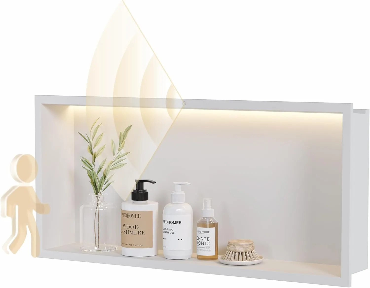 24x12Inch White Smart Body Sensor Shower Niche, Recessed Wall Niche with LED Light Strip Warm Light 3000K,Stainless Steel Shower Niches, NO Tile Needed Bathrooom Storage Organizer in Wall