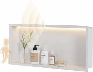 24x12Inch White Smart Body Sensor Shower Niche, Recessed Wall Niche with LED Light Strip Warm Light 3000K,Stainless Steel Shower Niches, NO Tile Needed Bathrooom Storage Organizer in Wall