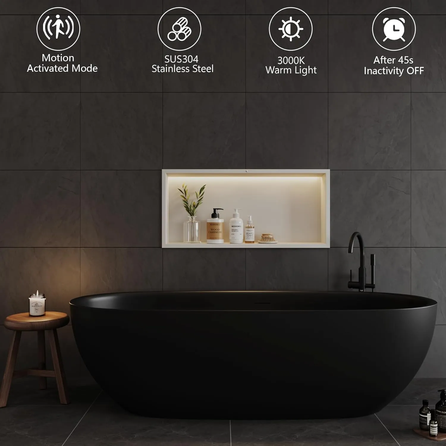 24x12Inch White Smart Body Sensor Shower Niche, Recessed Wall Niche with LED Light Strip Warm Light 3000K,Stainless Steel Shower Niches, NO Tile Needed Bathrooom Storage Organizer in Wall