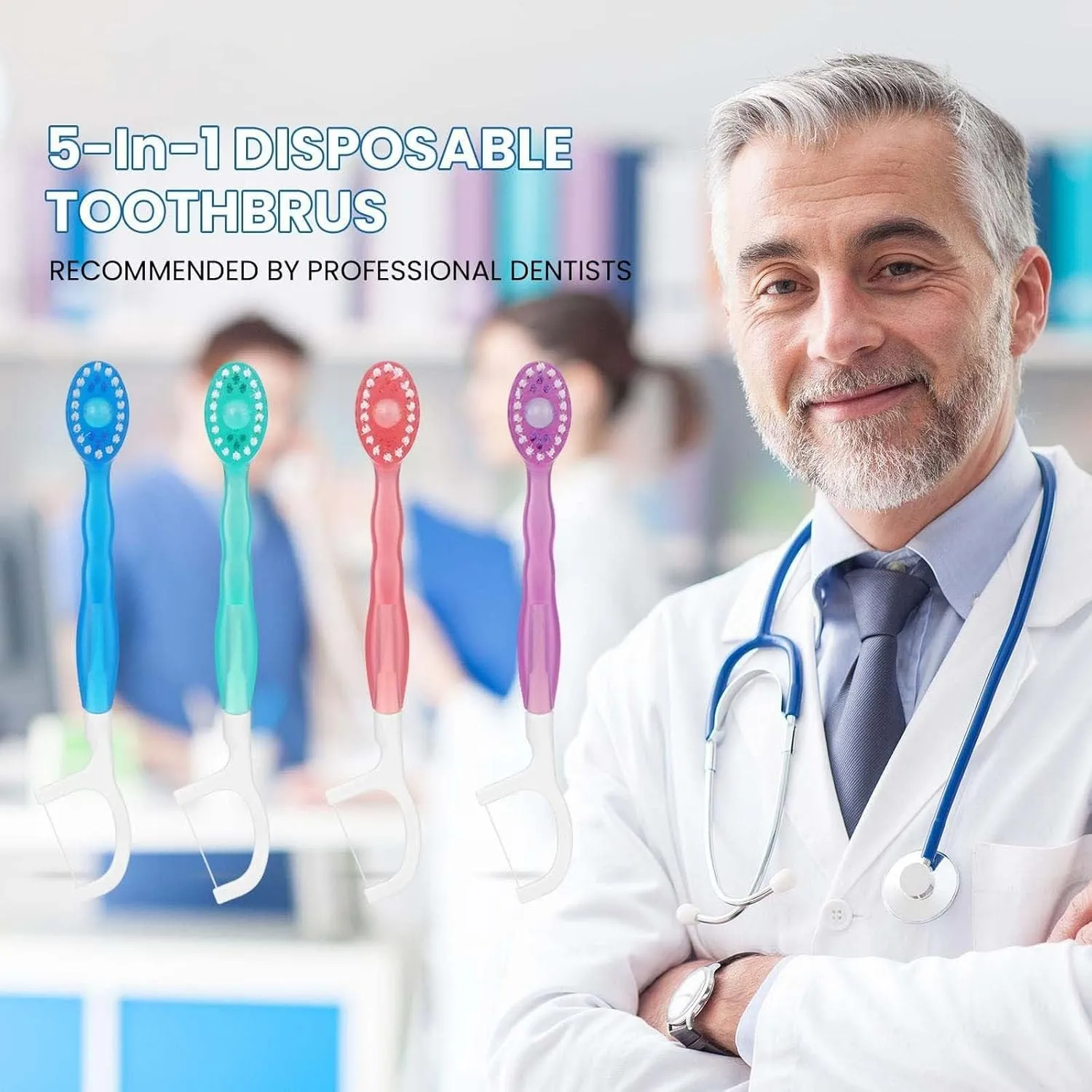 26 Pack 5 in 1 Mini Brush, Toothpaste and Floss & Tongue Scraper & Toothpick Set, All in One Oral Care on The Go Kit, Disposable Portable Burst Toothbrush for Travel (Mint Flavor)