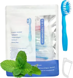 26 Pack 5 in 1 Mini Brush, Toothpaste and Floss & Tongue Scraper & Toothpick Set, All in One Oral Care on The Go Kit, Disposable Portable Burst Toothbrush for Travel (Mint Flavor)