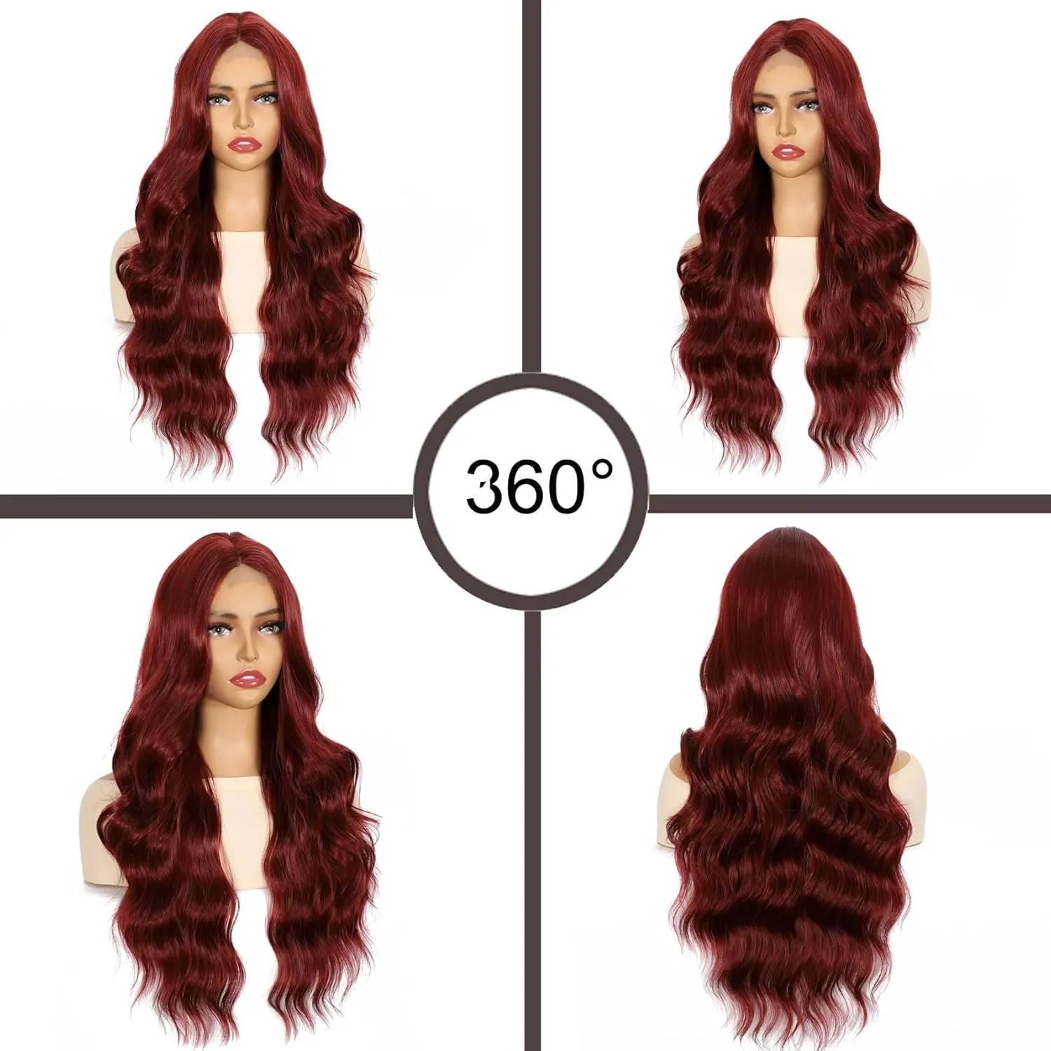 28 Inch Body Wave Synthetic Lace Front Wig for Women Middle Part Colored Burgundy Long Wavy Wig for Cosplay and Daily Use