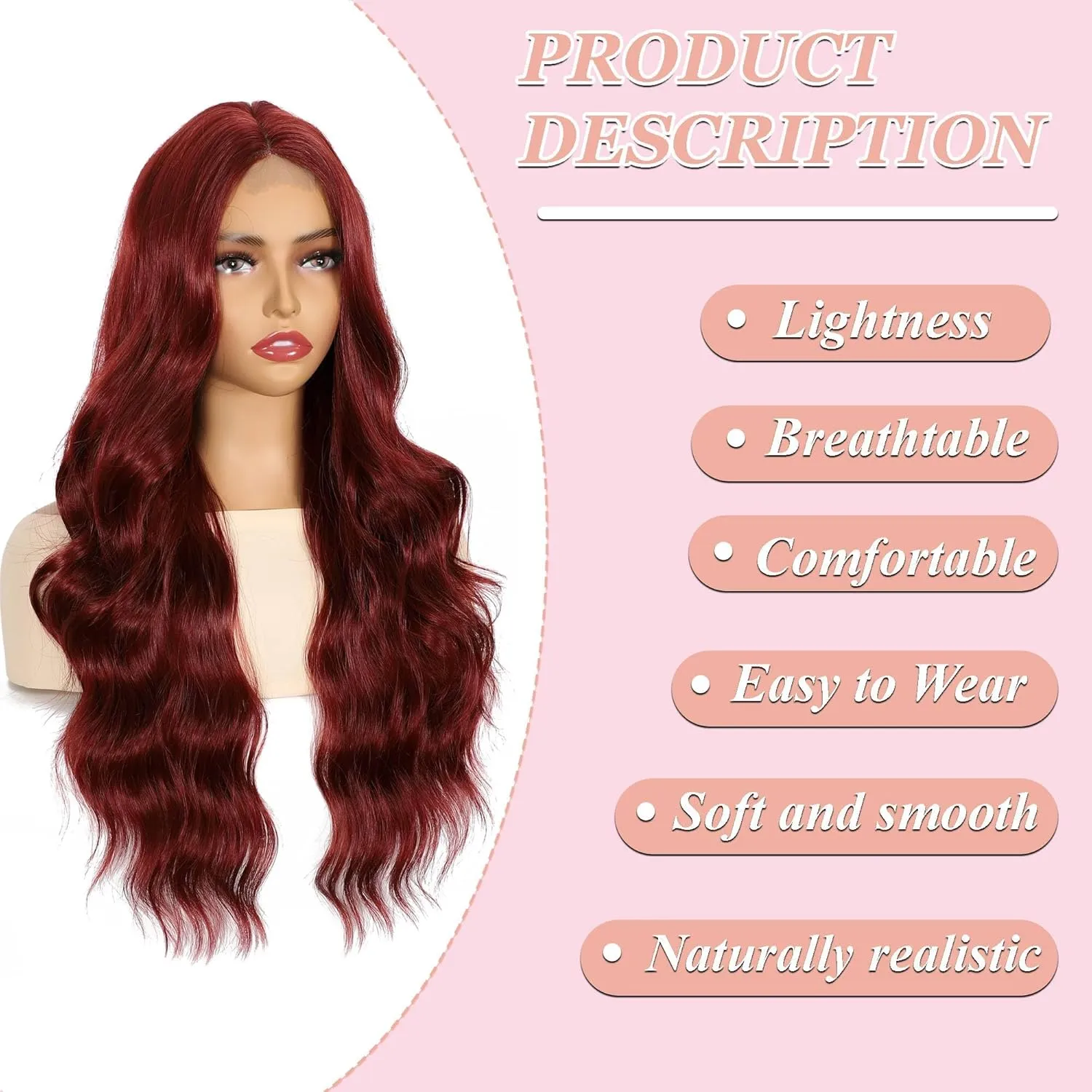 28 Inch Body Wave Synthetic Lace Front Wig for Women Middle Part Colored Burgundy Long Wavy Wig for Cosplay and Daily Use