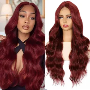 28 Inch Body Wave Synthetic Lace Front Wig for Women Middle Part Colored Burgundy Long Wavy Wig for Cosplay and Daily Use