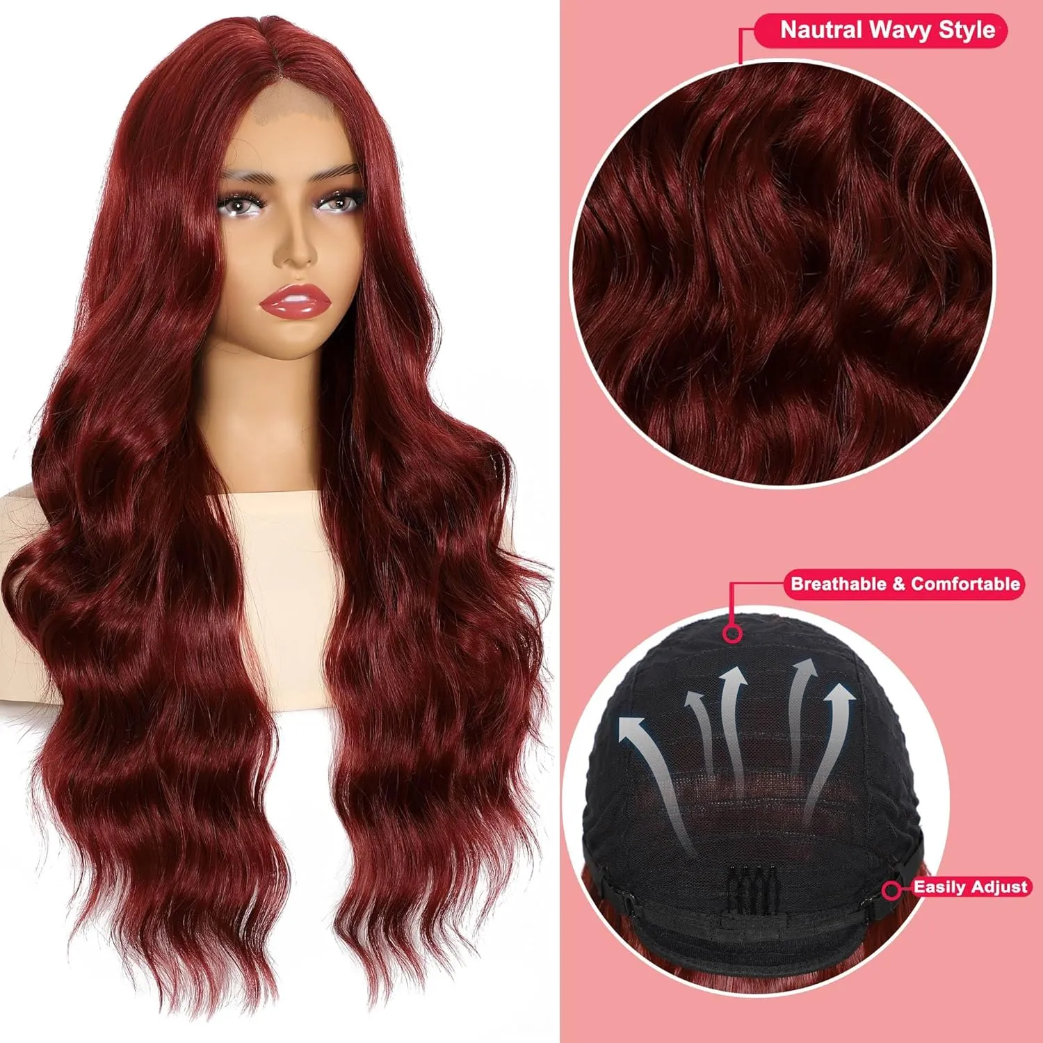 28 Inch Body Wave Synthetic Lace Front Wig for Women Middle Part Colored Burgundy Long Wavy Wig for Cosplay and Daily Use
