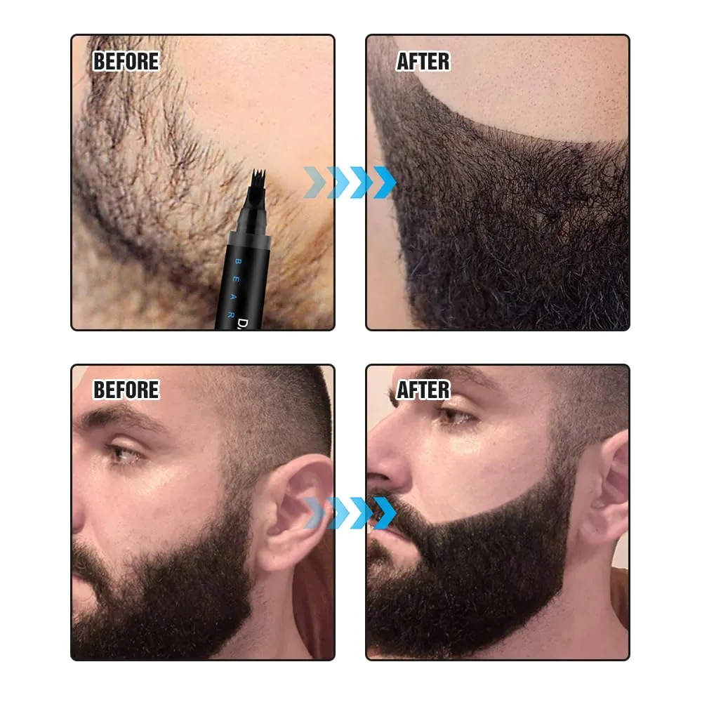 2PCS Beard Pencil with 4 Tips and Brush - Waterproof Long-Lasting Natural-Looking Beard Filler for Mustache Repair and Shaping (Black)