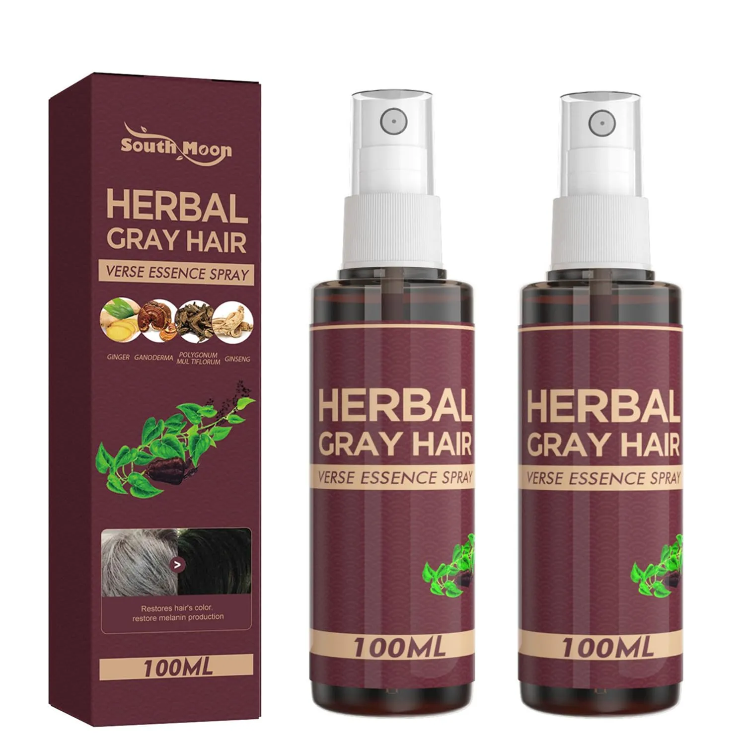 2Pcs Herbal Essence Hair Spray,Gray Hair Verse Essence Spray,Hair Darkening Conditioner,Reverse Grey Hair,Hair Coloring Essence for 4 Weeks Gradual Results(100ml)