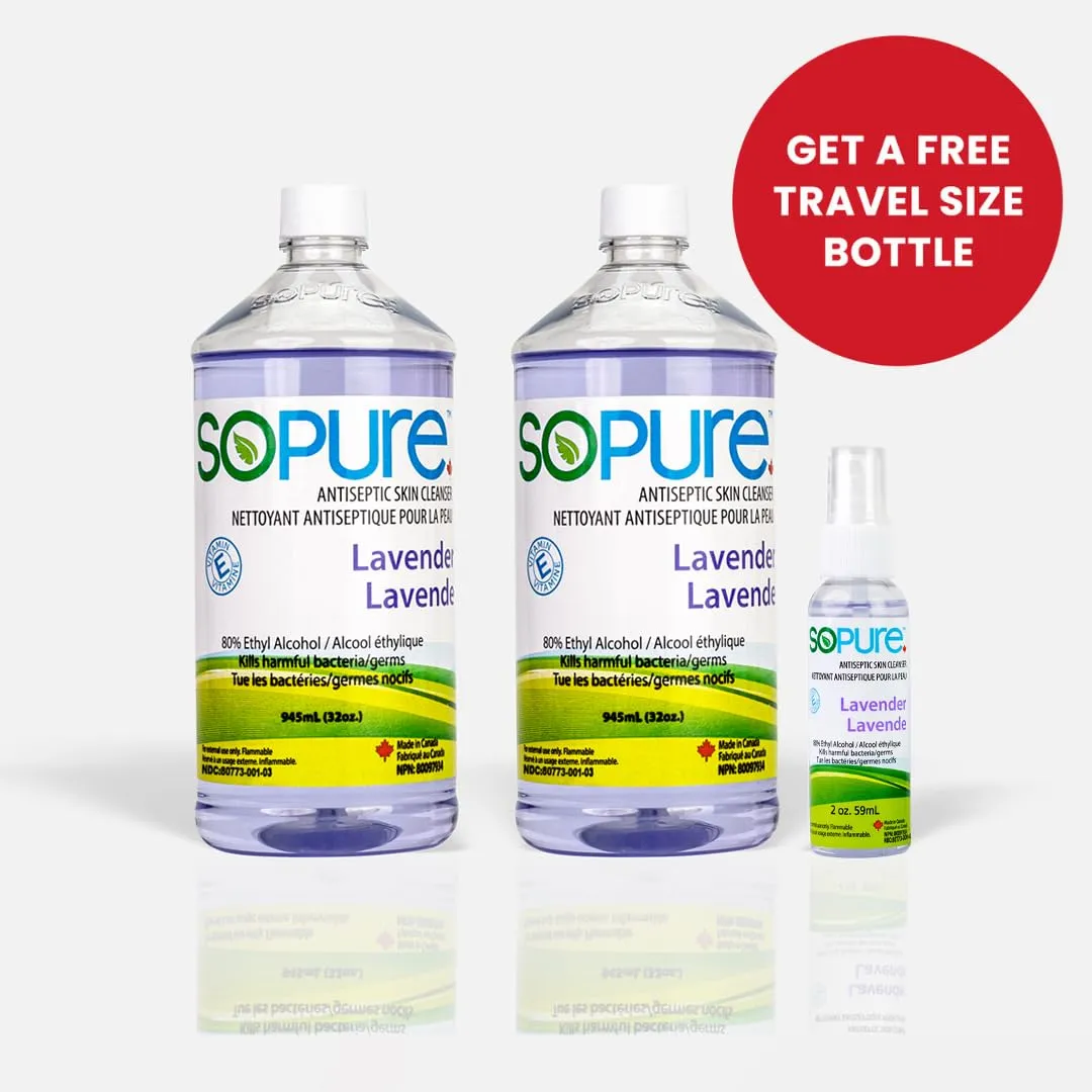 2X945 mL Liquid Lavender Hand Sanitizer Refills Bottles (with a free travel size spray bottle) - Natural vegetable ingredients & Enriched with Vitamin E - Non-sticky moisturizing