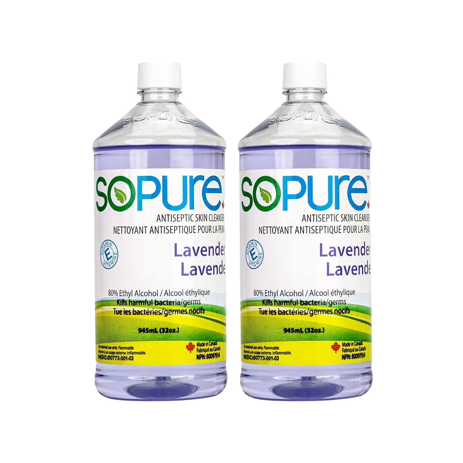 2X945 mL Liquid Lavender Hand Sanitizer Refills Bottles (with a free travel size spray bottle) - Natural vegetable ingredients & Enriched with Vitamin E - Non-sticky moisturizing