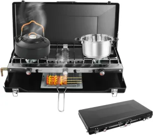 3-Burner Camping Gas Stove, Portable Folding 3-in-1 Cooking Stove with Adjustable Burners & Pressure Regulator, Compatible with Blend Propane Butane Fuel