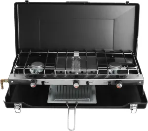 3-Burner Camping Stove, Portable Camp Grill, Outdoor Cooking Stove for Camping, Barbecues, Parties, Picnics, Lid Doubles as Windscreen