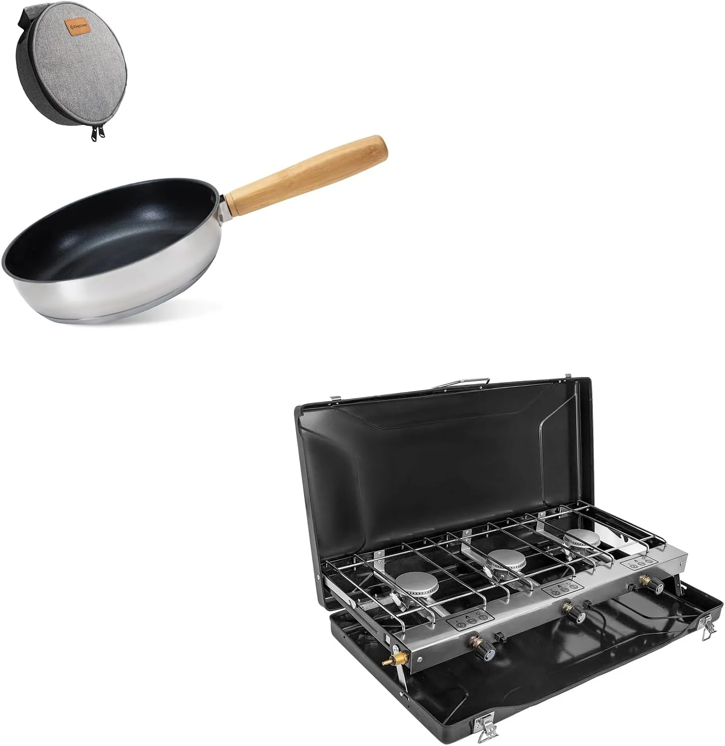 3-Burner Propane Camping Stove 19800 BTUs, Portable Camp Stove with 8" Frying Pan Skillet 304 Stainless Steel Nonstick Cookware