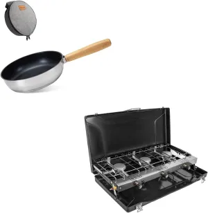 3-Burner Propane Camping Stove 19800 BTUs, Portable Camp Stove with 8" Frying Pan Skillet 304 Stainless Steel Nonstick Cookware