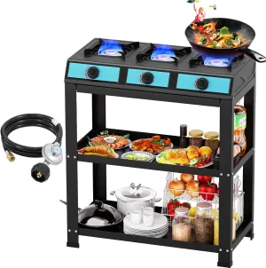 3 Burner Propane Gas Stove,40000BTU Portable Gas Stove with Support Leg Stand and Wind Blocking Cover Adapter Auto Ignition Camping Stove,propane burner for RV, Apartment, Outdoor Cooking