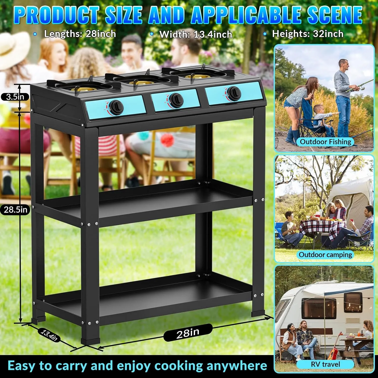 3 Burner Propane Gas Stove,40000BTU Portable Gas Stove with Support Leg Stand and Wind Blocking Cover Adapter Auto Ignition Camping Stove,propane burner for RV, Apartment, Outdoor Cooking