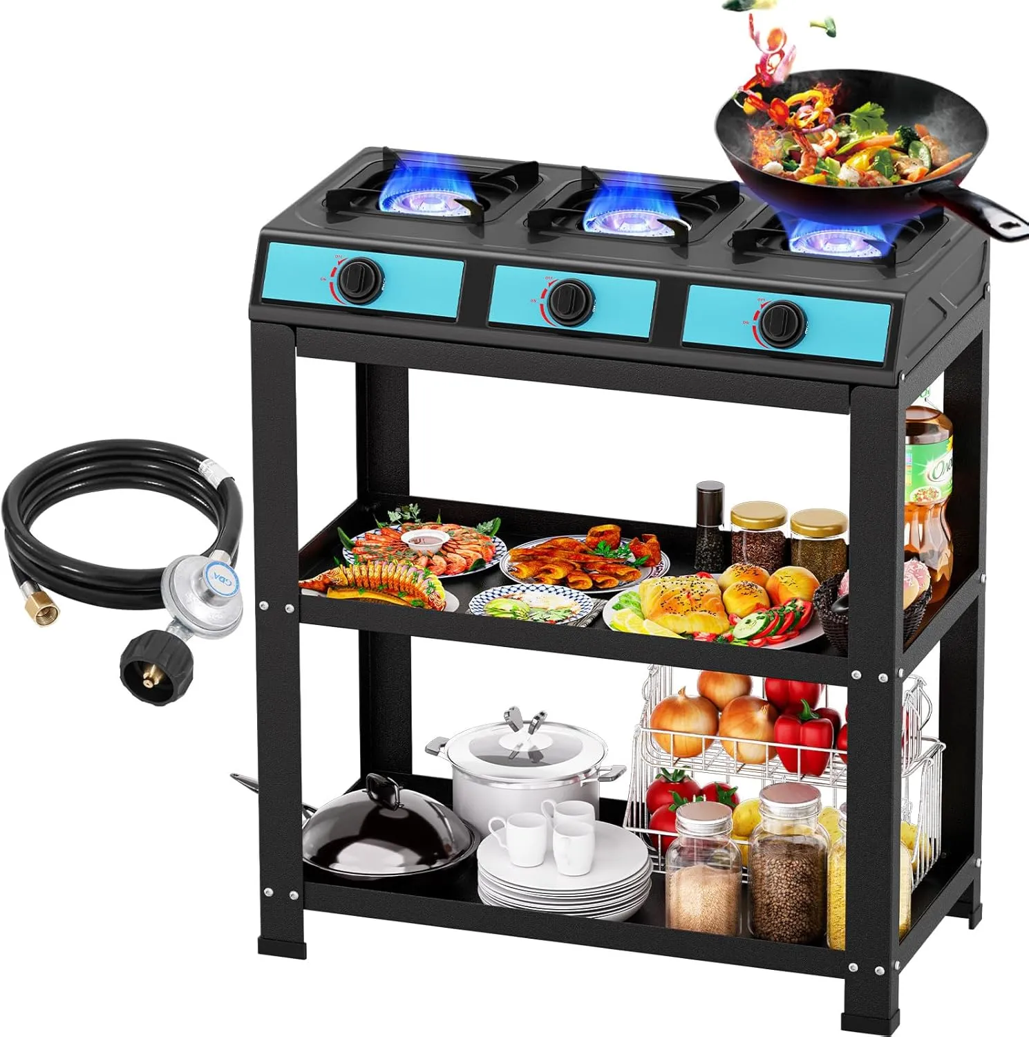 3 Burner Propane Gas Stove,40000BTU Portable Gas Stove with Support Leg Stand and Wind Blocking Cover Adapter Auto Ignition Camping Stove,propane burner for RV, Apartment, Outdoor Cooking