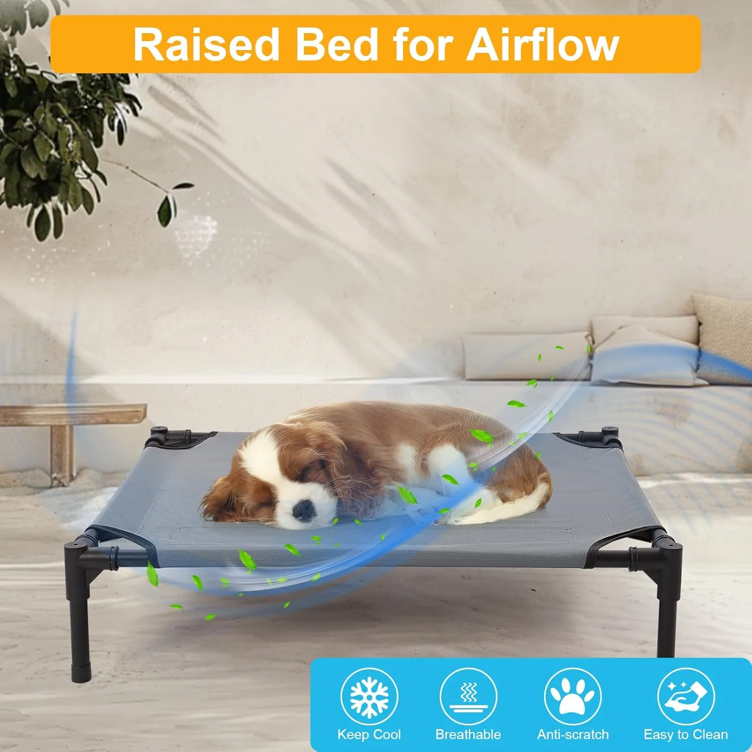 30'' Outdoor Elevated Dog Bed with No-Slip Feet, Chew-Proof Raised Dogs Beds, Washable & Breathable Cooling Dogs Cot Beds Small Medium Size Dog, Outdoor Pet Hammock Bed, Outside Pet Beds(Small)