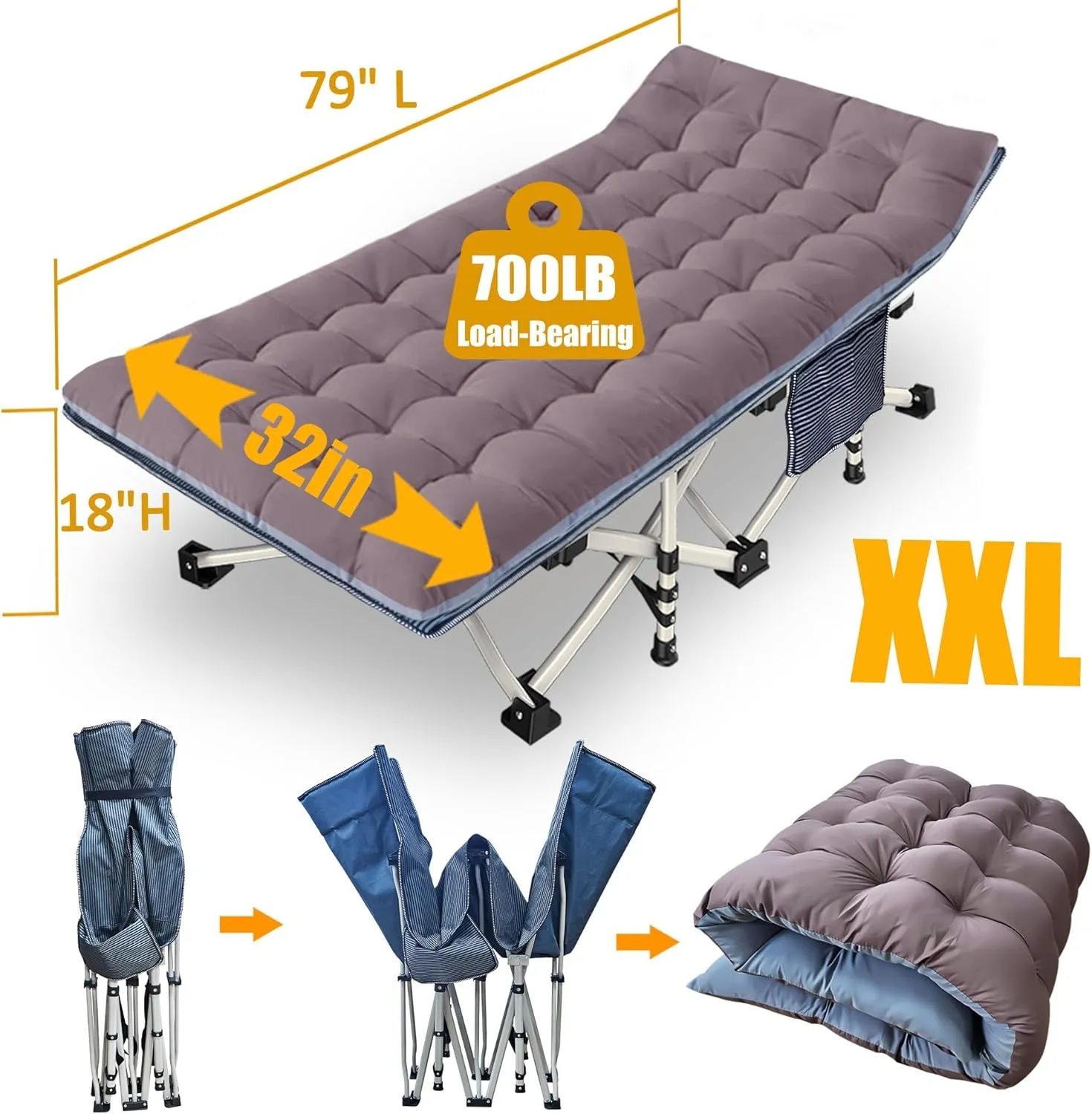 32" Wide 2 Pack XXL Camping Cot with Mattress Comfortable Oversize Cots for Adults Cots for Sleeping Folding Cot Heavy Duty with Carry Bag for Home Office Outdoor Indoor