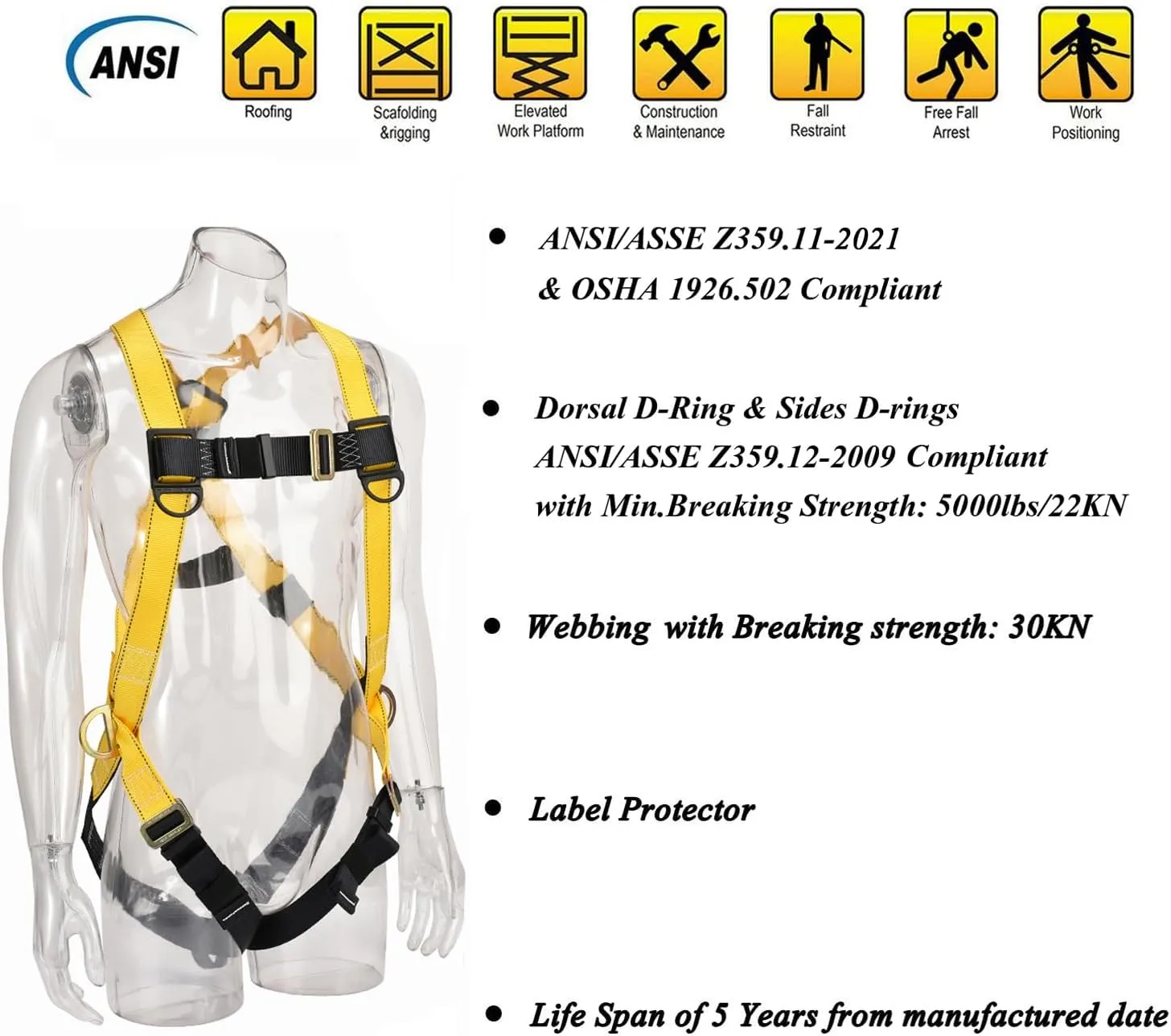3D-Ring Industrial Fall Protection Safety Harness ANSI/ASSE Z359.11-2021 Compliant Full Body Personal Protection Equipment 3-Point Adjustment Universal 310 lbs