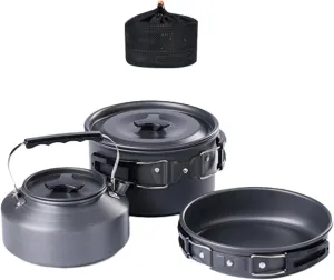 3Pcs Camping Cooking Set Camping Cookware Mess Kit Aluminum Alloy Frying Pan, Teapot, Kettle for Trekking Backpacking Fishing