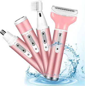 4 in 1 Women Electric Shaver Rechargeable Waterproof Razor Painless Epilator Body Hair Remover Nose Hair Beard Bikini Trimmer Eyebrow Face Facial Armpit Legs Removal Clipper Lady Grooming Groomer Kit