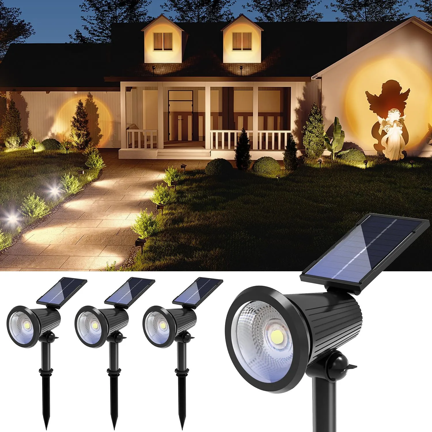 4 Pack Solar Powered Spotlights Outdoor Waterproof Ultra Bright Sunset Spot LED Lights for Tree, Flag, Lawn, Statue, Pool, Outside Landscape Uplighting for Garden, House, Wall, Yard, Warm White