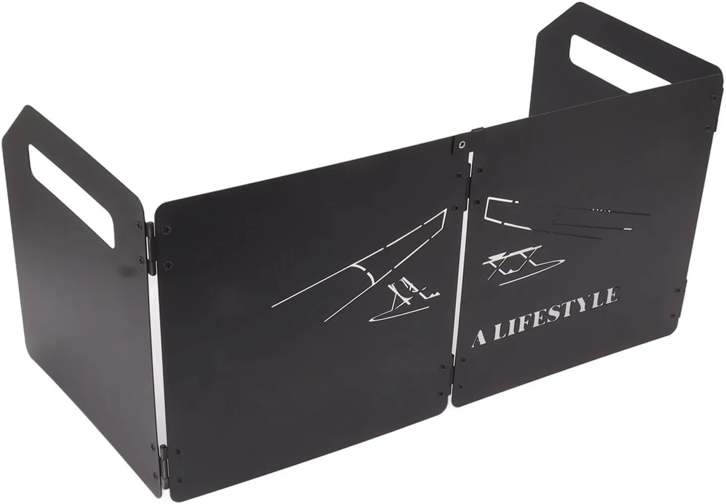 4 Plates Camping Stove Windscreen, Folding Thicken Oilproof Carbon Steel Camping Stove Windshield with Handle annd Storage Bag for Outdoors BBQ (Black)
