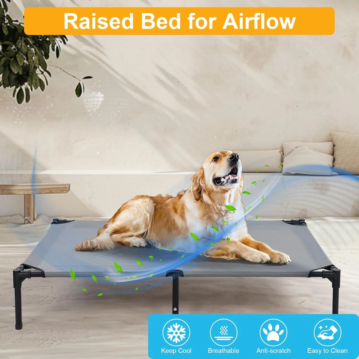42'' Outdoor Elevated Dog Bed with Six Support Feet, Chew-Proof Raised Dogs Bed, Washable & Breathable Cooling Dog Cot Beds Medium Large Size Dogs, Outdoor Pet Hammock Beds, Outside Pet Beds(Large)