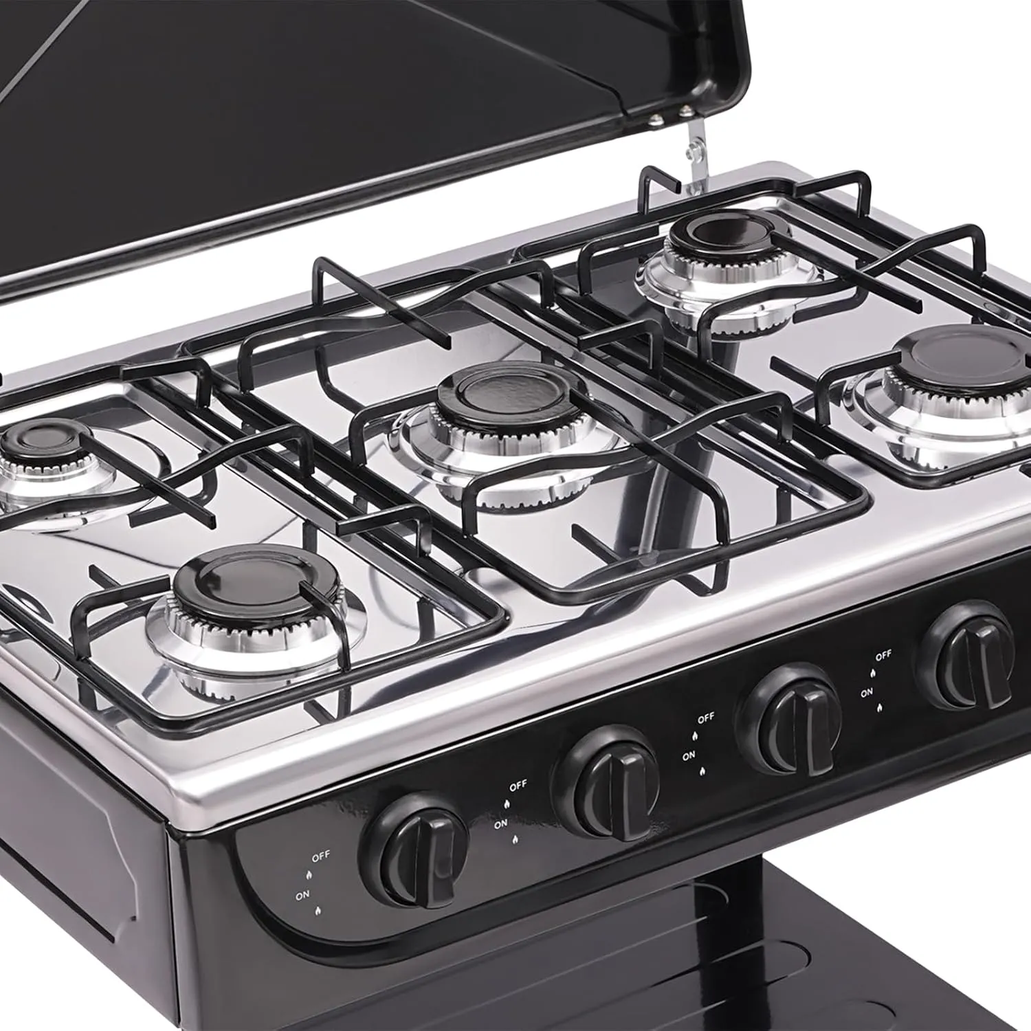 5 Burner Natural Gas Stove Portable Outdoor Stove, Heavy Duty Natural Gas Cooker with Storage Rack & Wind Blocking Cover Adapter Manual Ignition, for Home, RV, Apartment, Outdoor Cooking (Black)