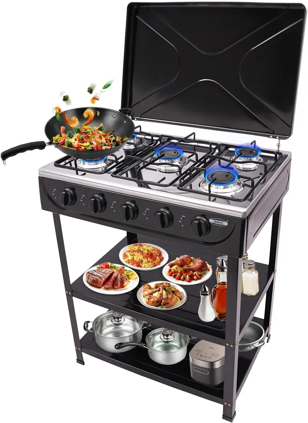 5 Burner Natural Gas Stove Portable Outdoor Stove, Heavy Duty Natural Gas Cooker with Storage Rack & Wind Blocking Cover Adapter Manual Ignition, for Home, RV, Apartment, Outdoor Cooking (Black)