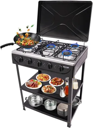 5 Burner Natural Gas Stove Portable Outdoor Stove, Heavy Duty Natural Gas Cooker with Storage Rack & Wind Blocking Cover Adapter Manual Ignition, for Home, RV, Apartment, Outdoor Cooking (Black)