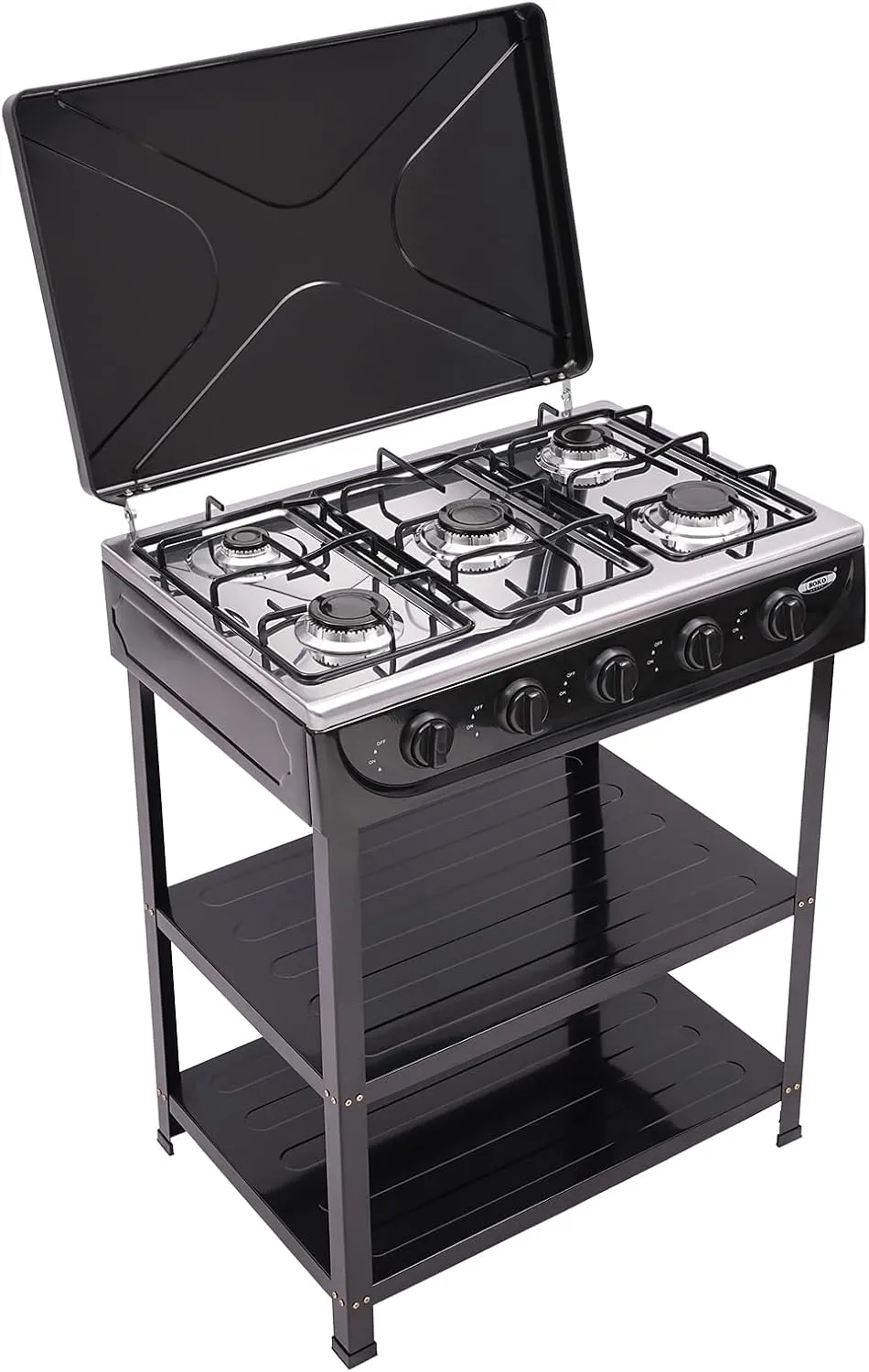 5 Burner Natural Gas Stove Portable Outdoor Stove, Heavy Duty Natural Gas Cooker with Storage Rack & Wind Blocking Cover Adapter Manual Ignition, for Home, RV, Apartment, Outdoor Cooking (Black)