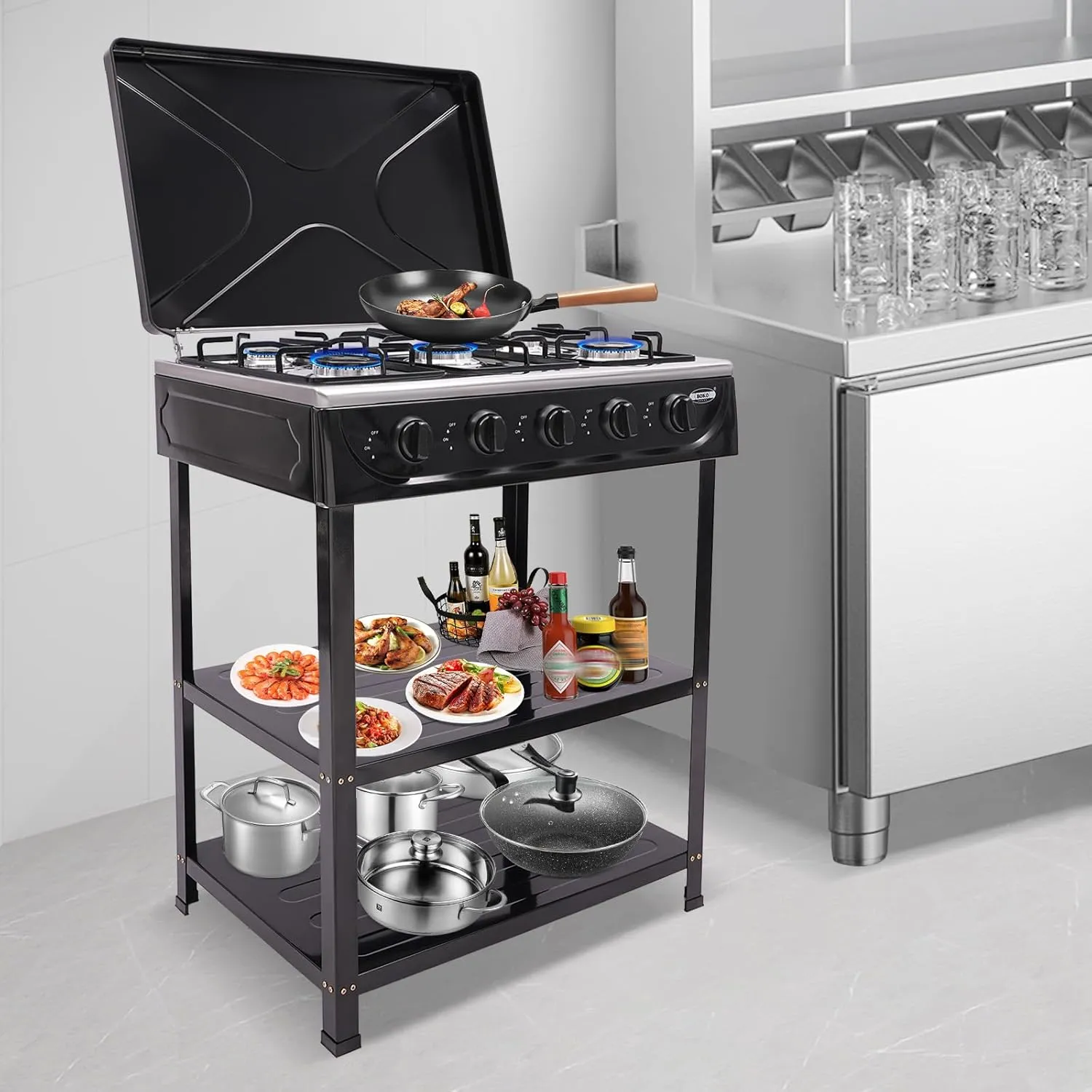5 Burner Natural Gas Stove Portable Outdoor Stove, Heavy Duty Natural Gas Cooker with Storage Rack & Wind Blocking Cover Adapter Manual Ignition, for Home, RV, Apartment, Outdoor Cooking (Black)