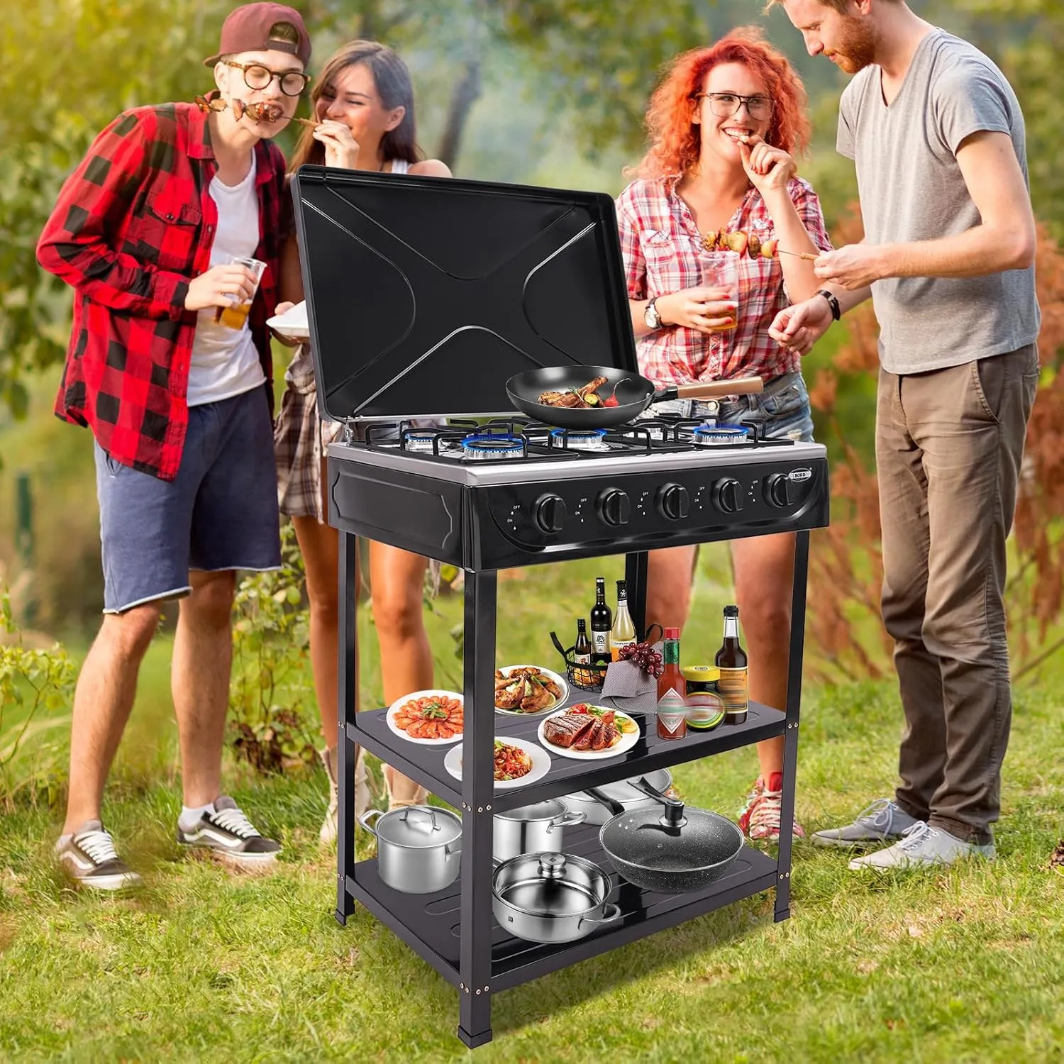 5 Burner Natural Gas Stove Portable Outdoor Stove, Heavy Duty Natural Gas Cooker with Storage Rack & Wind Blocking Cover Adapter Manual Ignition, for Home, RV, Apartment, Outdoor Cooking (Black)