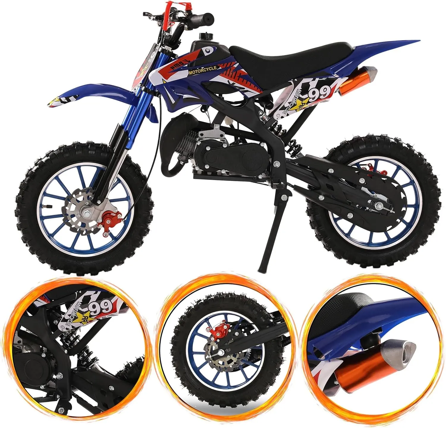 50cc Dirt Bike, 2-Stroke Mini Bike, Dirt Bike for Kids 8-14, Gas Power Pocket Rocket Bike,Gas Motorcycle with Front Rear Disc Brakes, Off Road Mini Motorcycle Max Speed 40KM/H Blue
