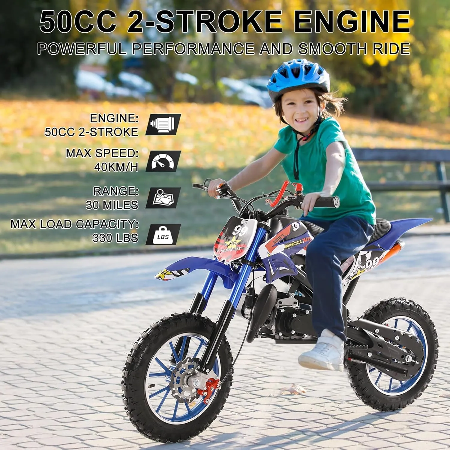 50cc Dirt Bike, 2-Stroke Mini Bike, Dirt Bike for Kids 8-14, Gas Power Pocket Rocket Bike,Gas Motorcycle with Front Rear Disc Brakes, Off Road Mini Motorcycle Max Speed 40KM/H Blue