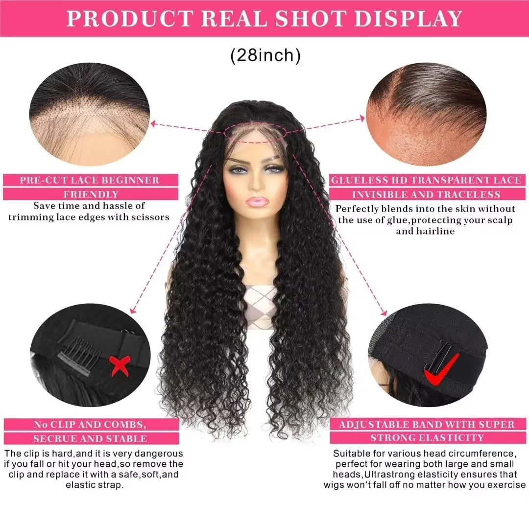 5x5 HD Lace Closure Wigs Human Hair Water Wave Wear and Go Glueless Wigs Pre Plucked Pre Cut Lace Closure Wig For Women 180% Density Curly Closure Wig Nautural Black Super Soft 30 inch