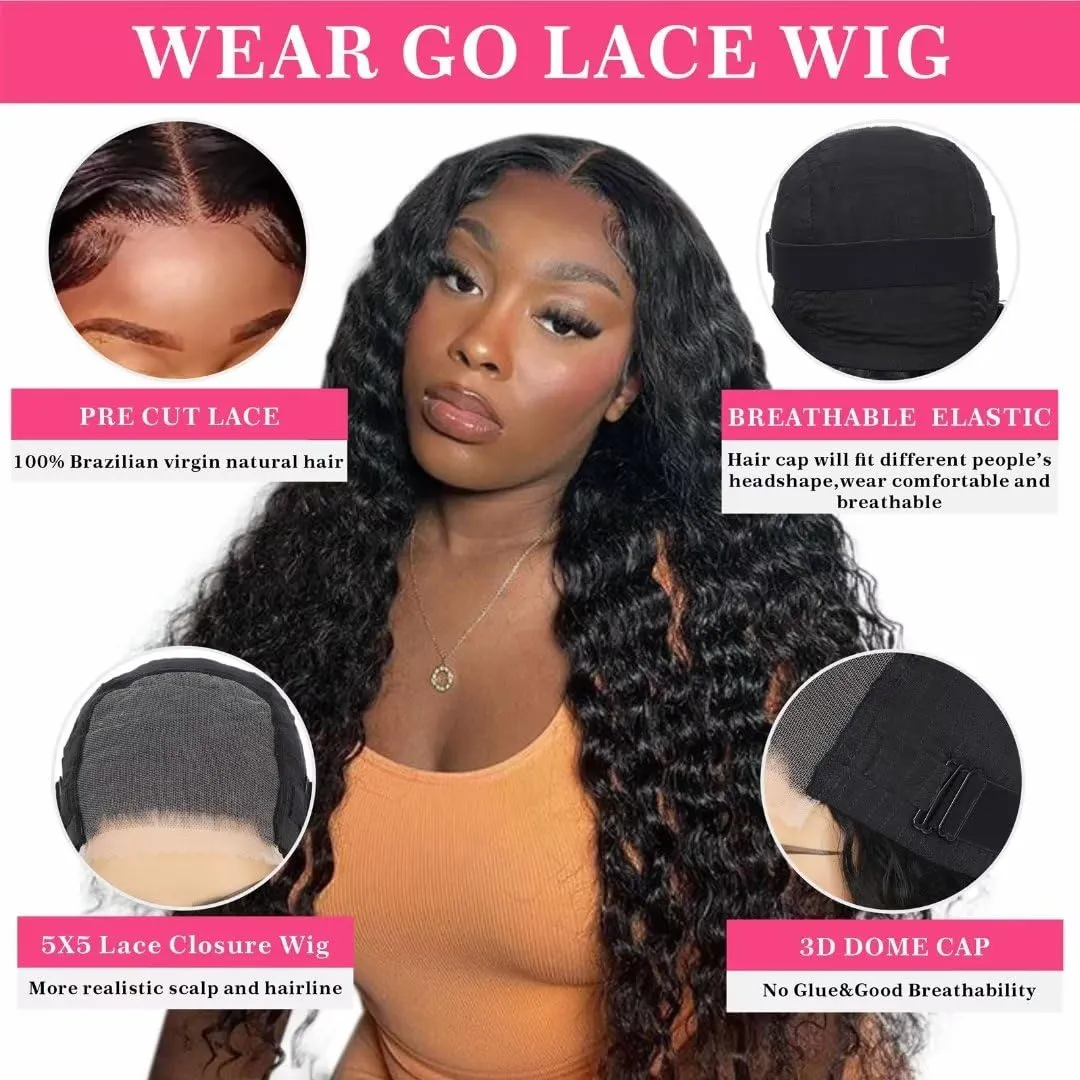 5x5 HD Lace Closure Wigs Human Hair Water Wave Wear and Go Glueless Wigs Pre Plucked Pre Cut Lace Closure Wig For Women 180% Density Curly Closure Wig Nautural Black Super Soft 30 inch