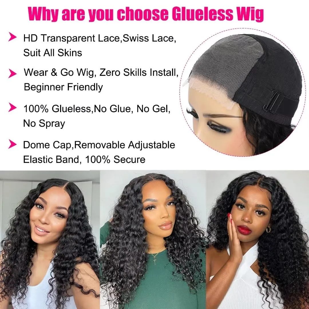 5x5 HD Lace Closure Wigs Human Hair Water Wave Wear and Go Glueless Wigs Pre Plucked Pre Cut Lace Closure Wig For Women 180% Density Curly Closure Wig Nautural Black Super Soft 30 inch