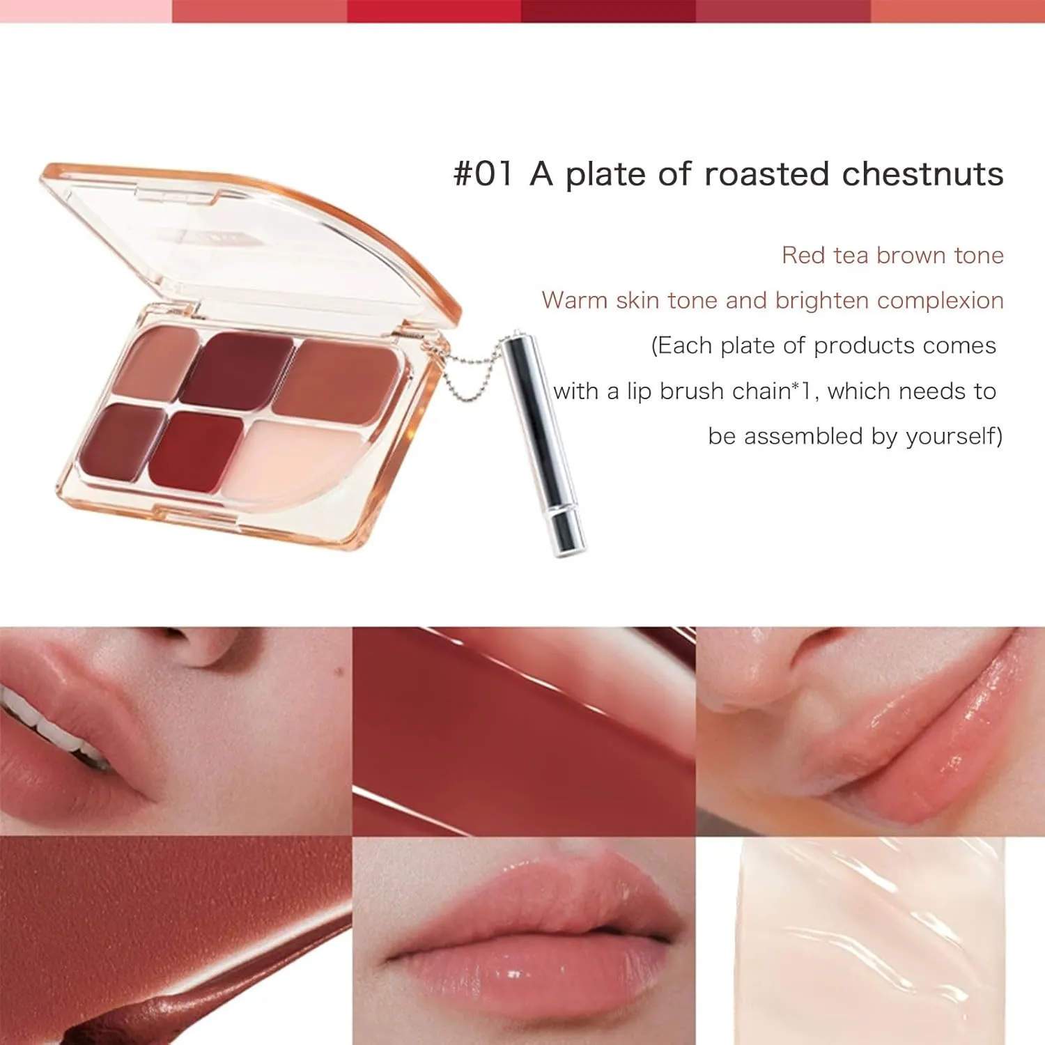 6-Color Lip Palette, 6-Color Multi-Use Lip Palette - Long Lasting Waterproof Jelly Lip Gloss & Matte Lipstick Blush Makeup Kit with Brush, Moisturizing Mirror Effect Lipclay (#01)