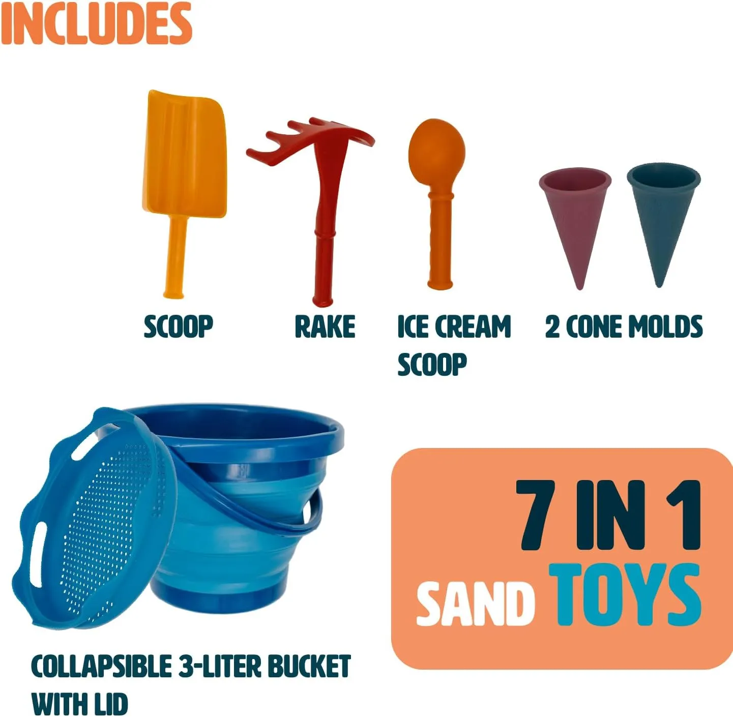 7-in-1 Compact Beach Toy Set – Space-Saving Sand Toy Play Kit for Kids - Blue