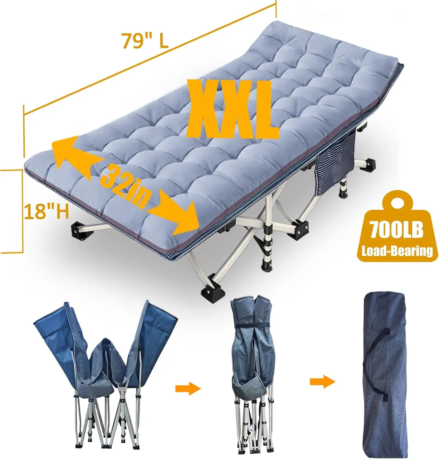 79" L x 32" W x 18" H Oversize XXL Camping Cot with Comfortable Mattress for Adults Extra Wide Cots for Sleeping Folding Cot Camping Bed Heavy Duty with Carry Bag for Home Office Outdoor