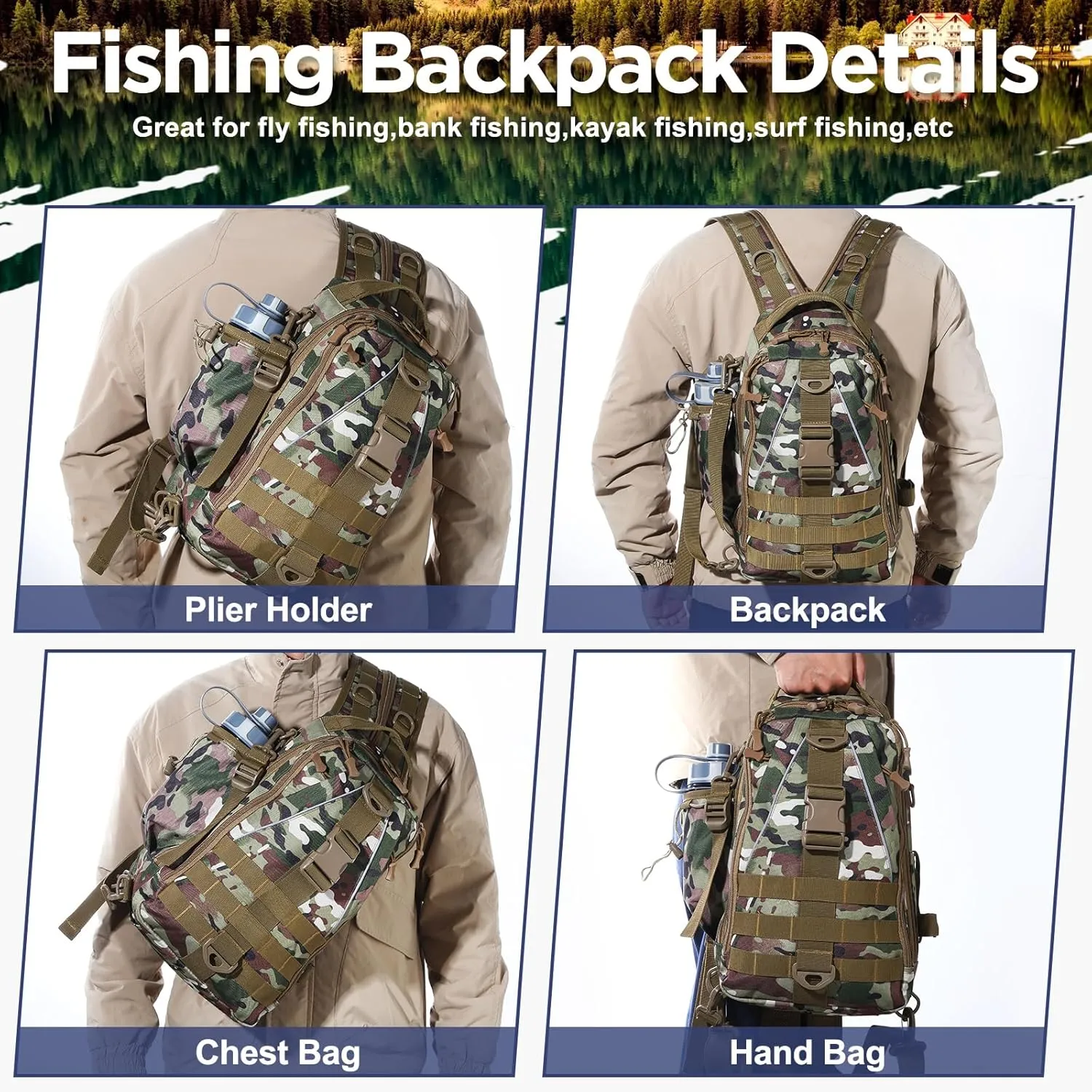 85 Pcs Fishing Backpack with Tackle Boxes, Tackle Sling Bag with Rod Holder, Fishing Lures Kit and Pliers Set for Men Women