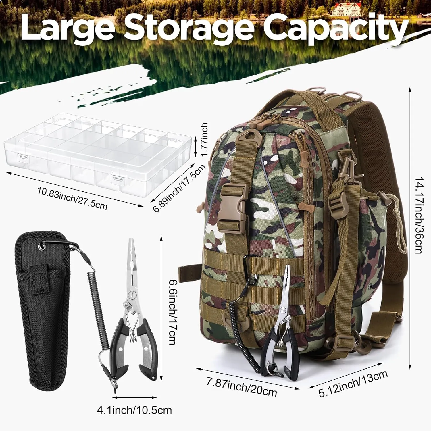 85 Pcs Fishing Backpack with Tackle Boxes, Tackle Sling Bag with Rod Holder, Fishing Lures Kit and Pliers Set for Men Women