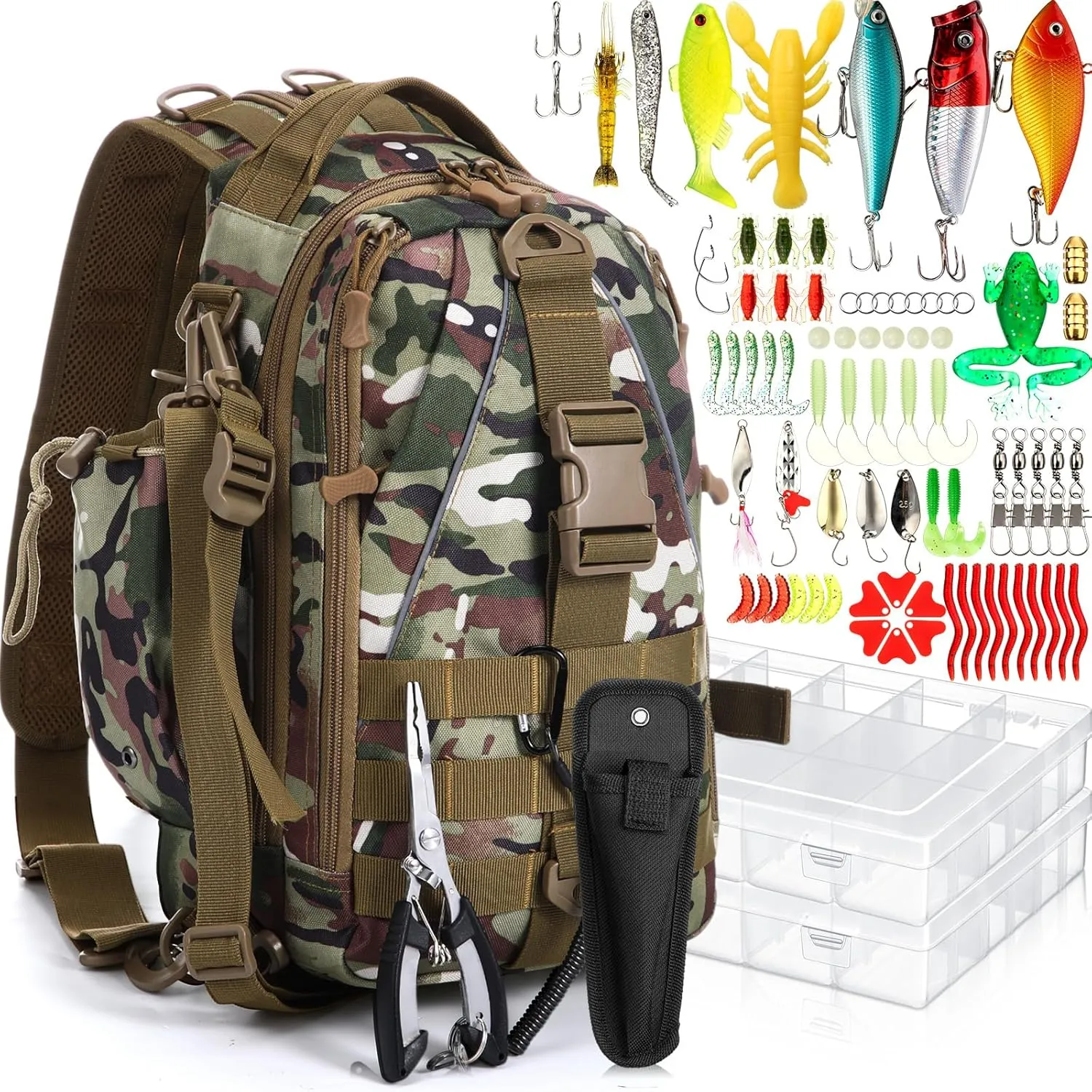 85 Pcs Fishing Backpack with Tackle Boxes, Tackle Sling Bag with Rod Holder, Fishing Lures Kit and Pliers Set for Men Women