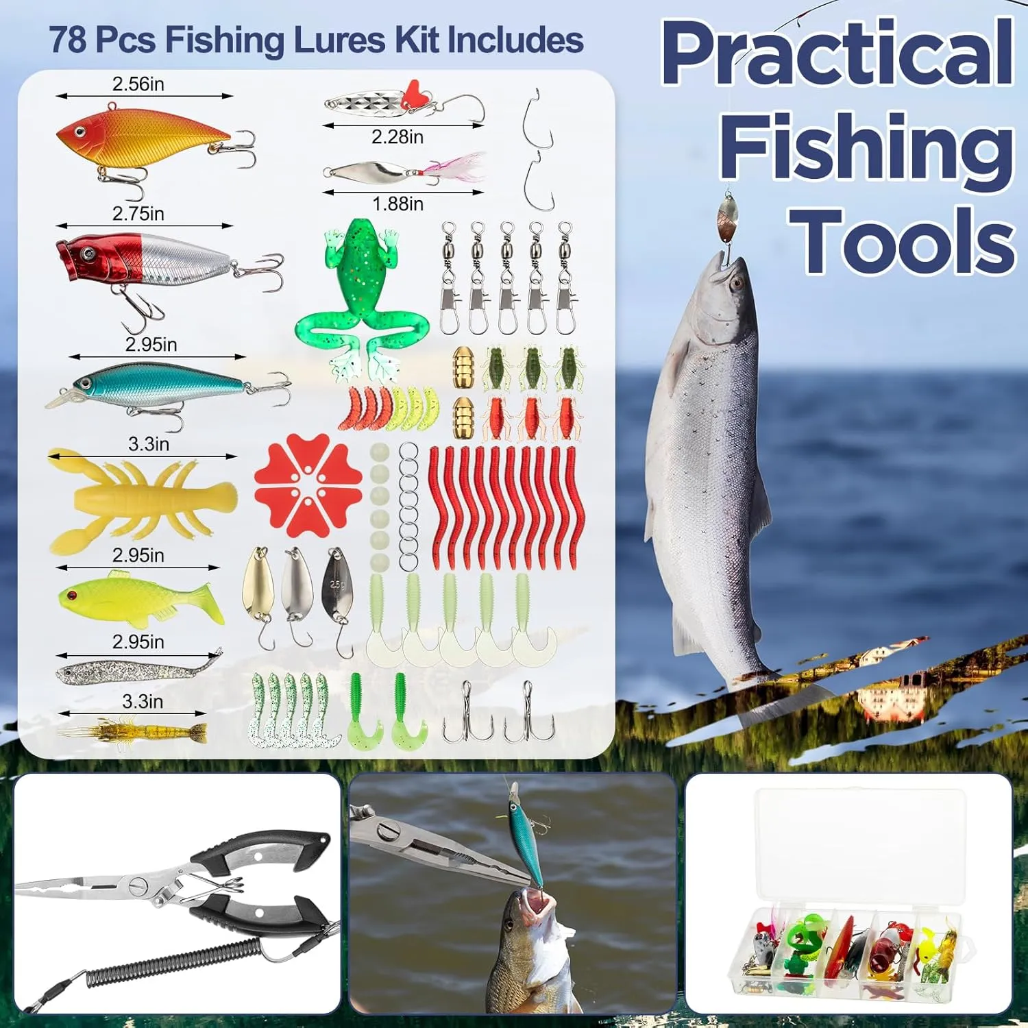 85 Pcs Fishing Backpack with Tackle Boxes, Tackle Sling Bag with Rod Holder, Fishing Lures Kit and Pliers Set for Men Women