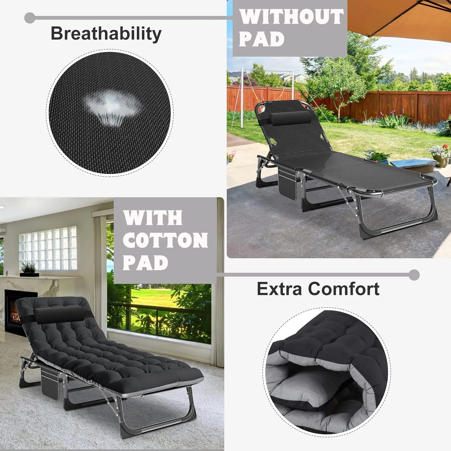 ABORON 2PK Chaise Lounge Chair,5 Positions Padded Outdoor Tanning Chair,Heavy Duty Portable Lounge Chair for Outdoor Sunbathing Patio Pool Lawn Deck Poolside,Support up to 440 Lbs