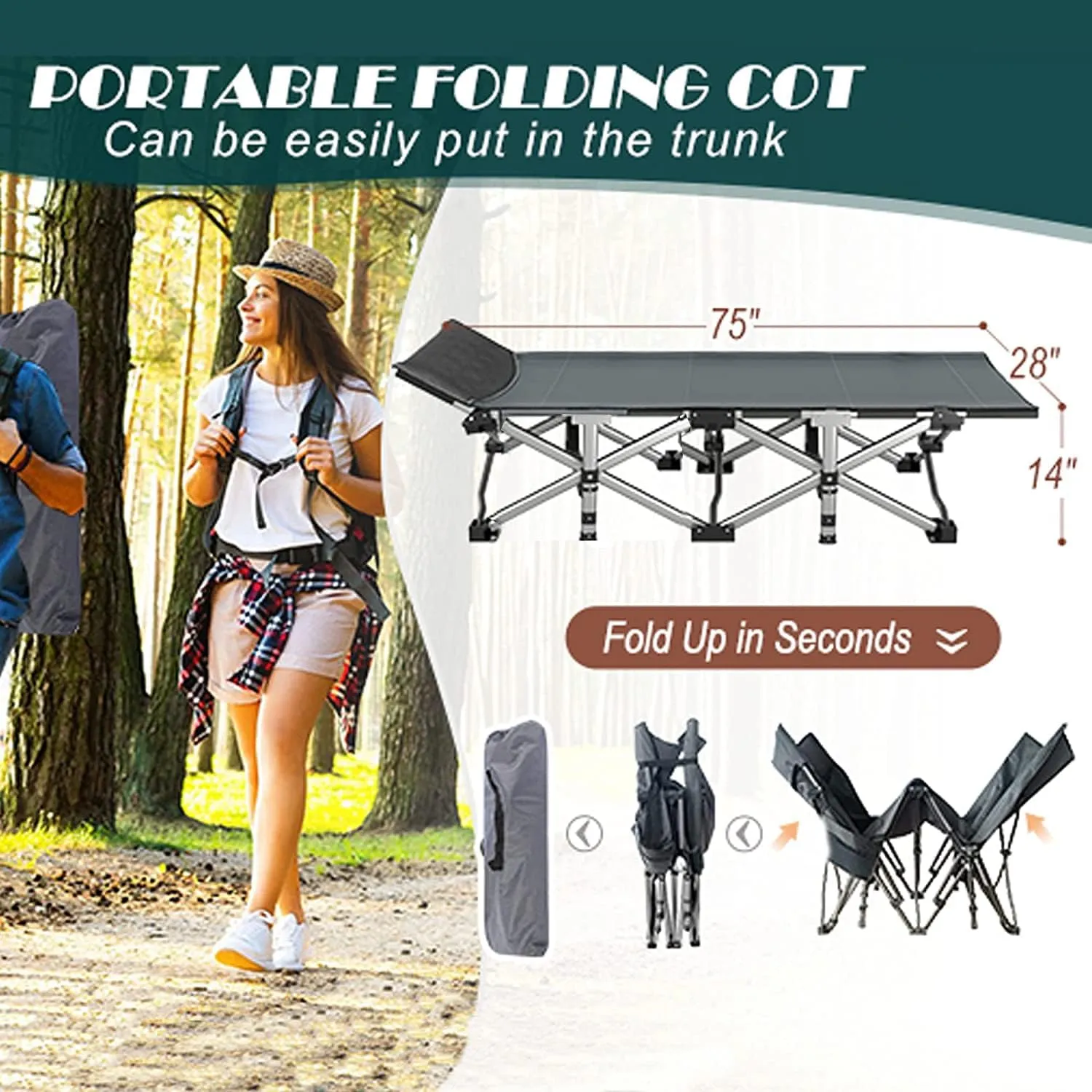 ABORON 2PK Folding Camping Cot for Adults, Double Layer 1200D, 500lb Capacity, Heavy Duty Guest Cot with Mat & Carrying Bag for Indoor & Outdoor Use
