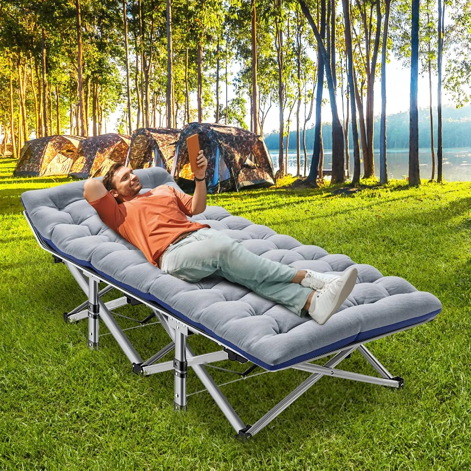 ABORON 2PK Folding Camping Cot for Adults, Double Layer 1200D, 500lb Capacity, Heavy Duty Guest Cot with Mat & Carrying Bag for Indoor & Outdoor Use