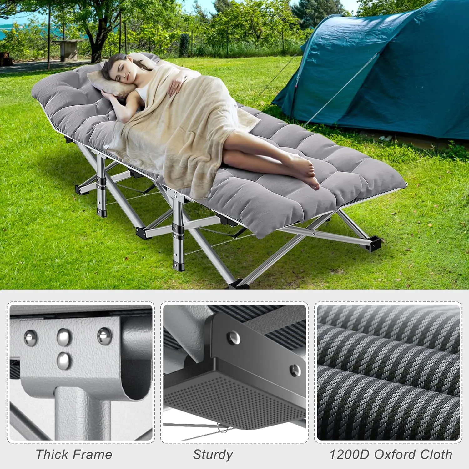 ABORON 2PK Folding Camping Cot for Adults, Double Layer 1200D, 500lb Capacity, Heavy Duty Guest Cot with Mat & Carrying Bag for Indoor & Outdoor Use